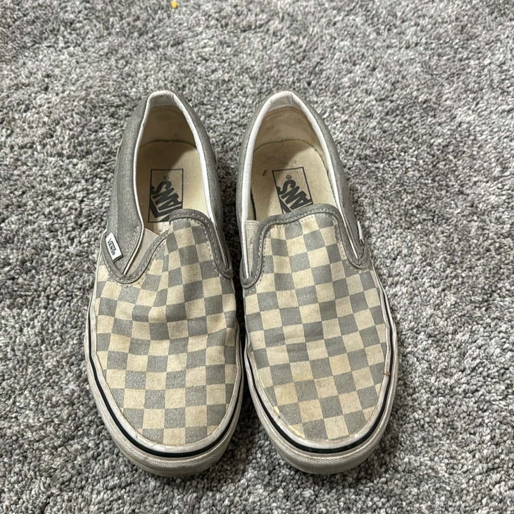 Gray checkered vans classic slip ons